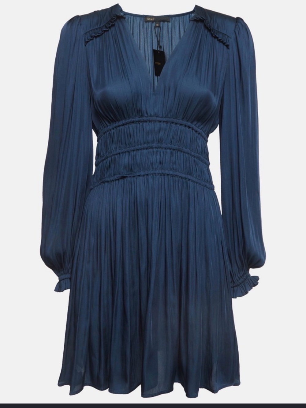 Maje Navy Blue V‑Neck Long‑Sleeve Smocked Mini Dress - Picture 3 of 9